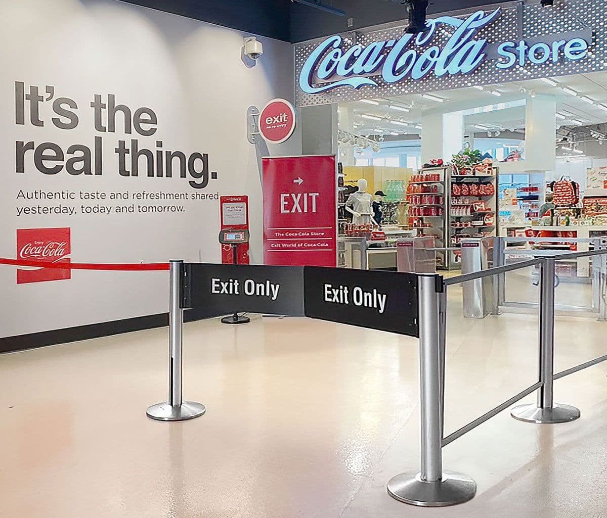 Stanchions and barriers blocking exit to Coca Cola Museum Store