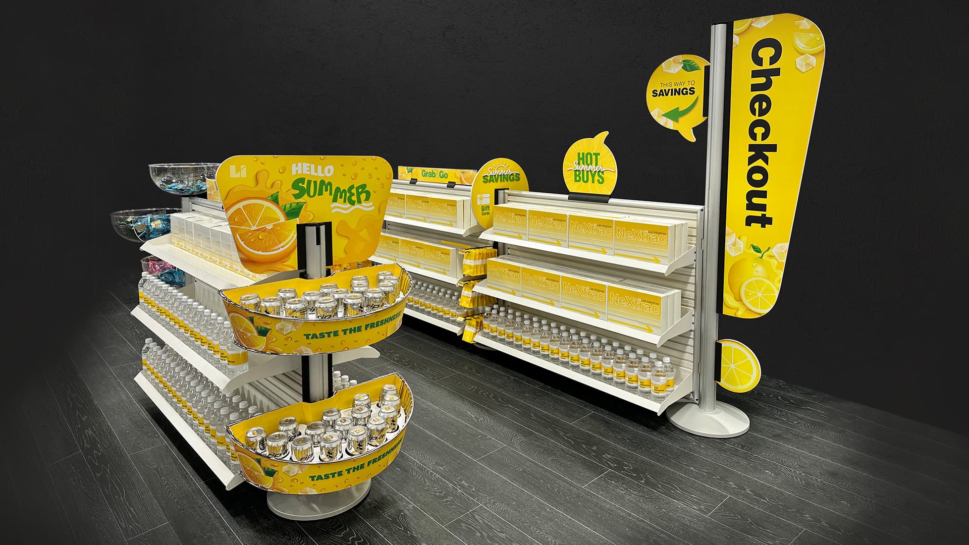 NeXtrac slatwall shelving displays impulse products along a store checkout queue.