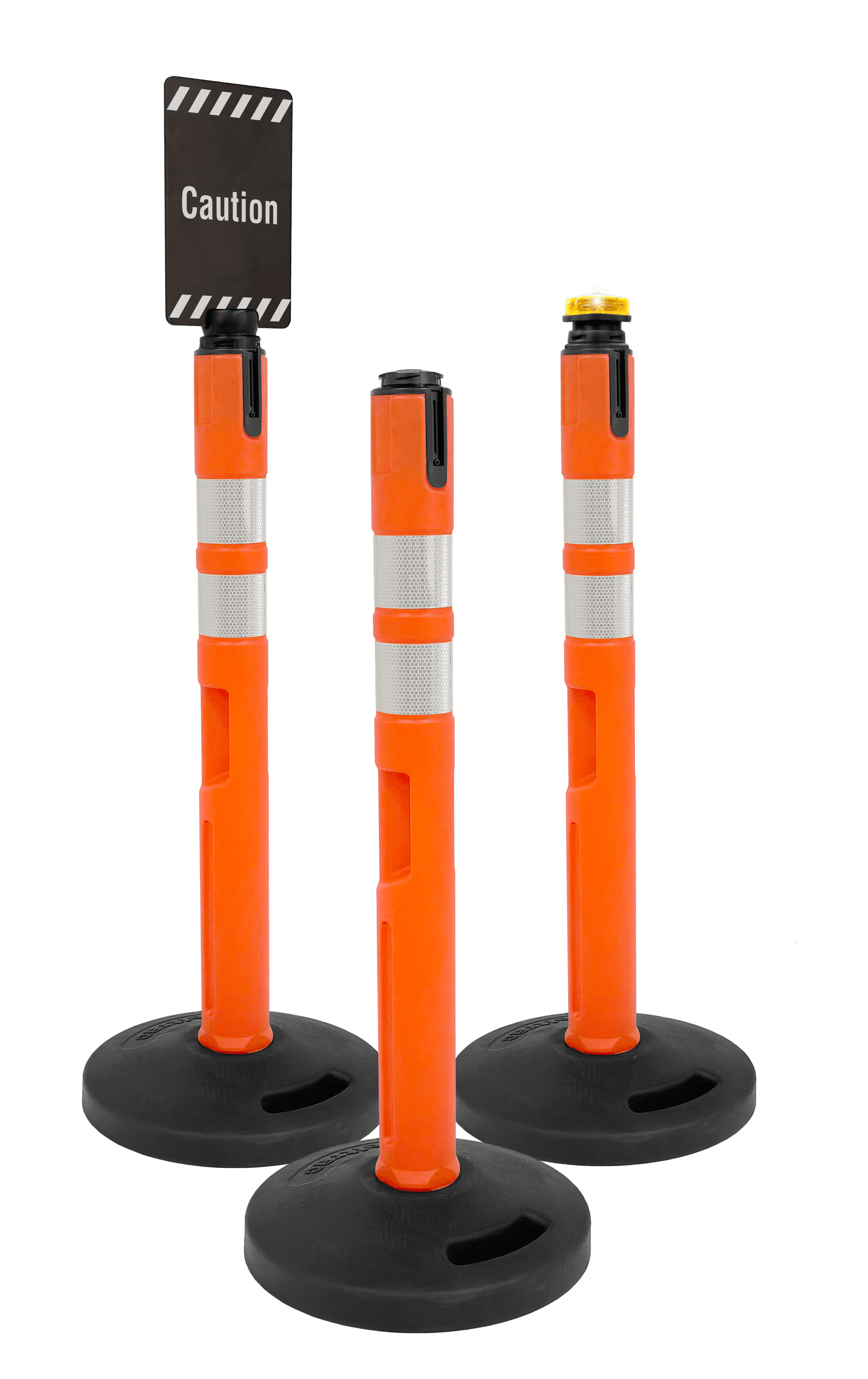 Heavy Base Delineator group with solar beacon and signage