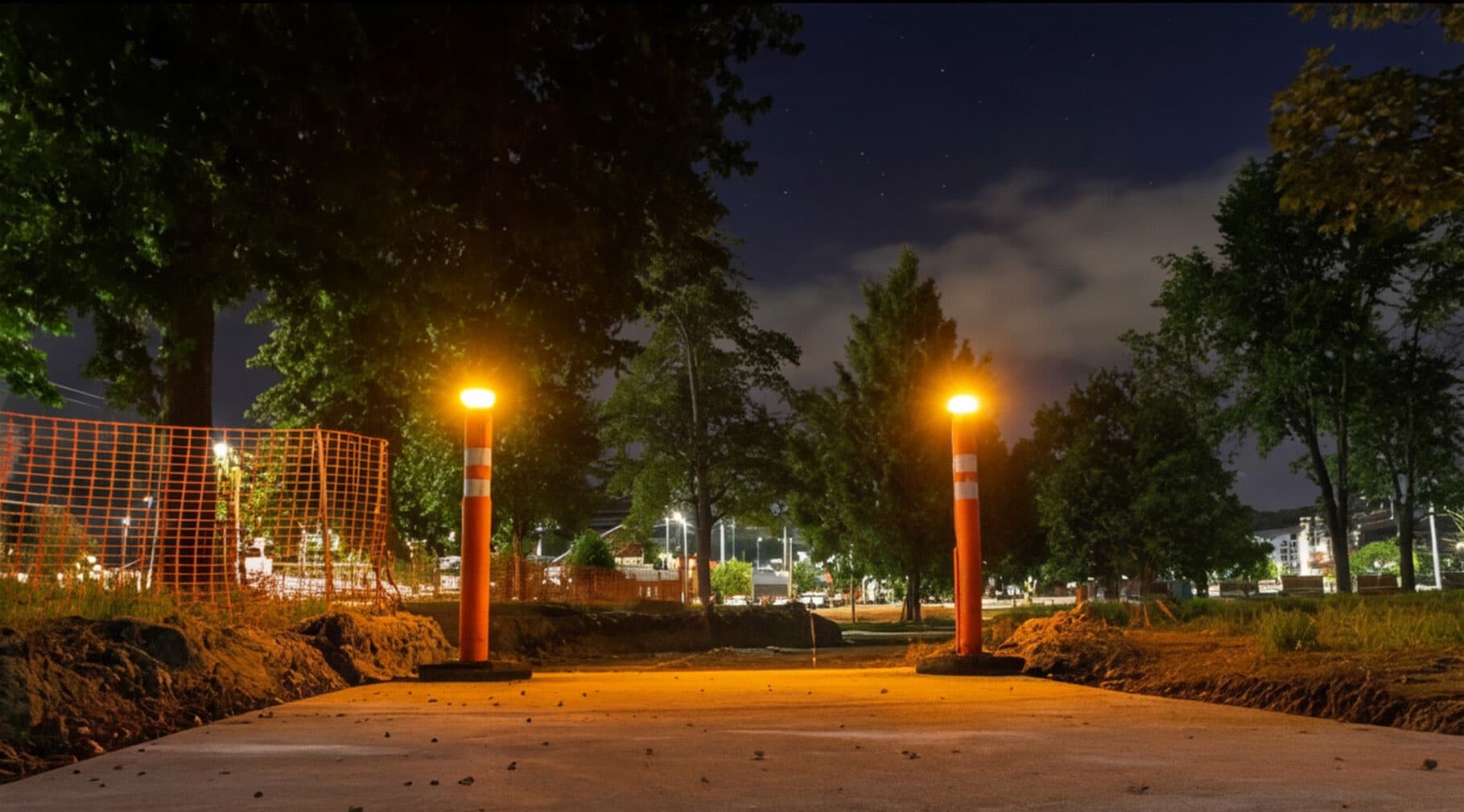 Delineator at night in park with solar beacon