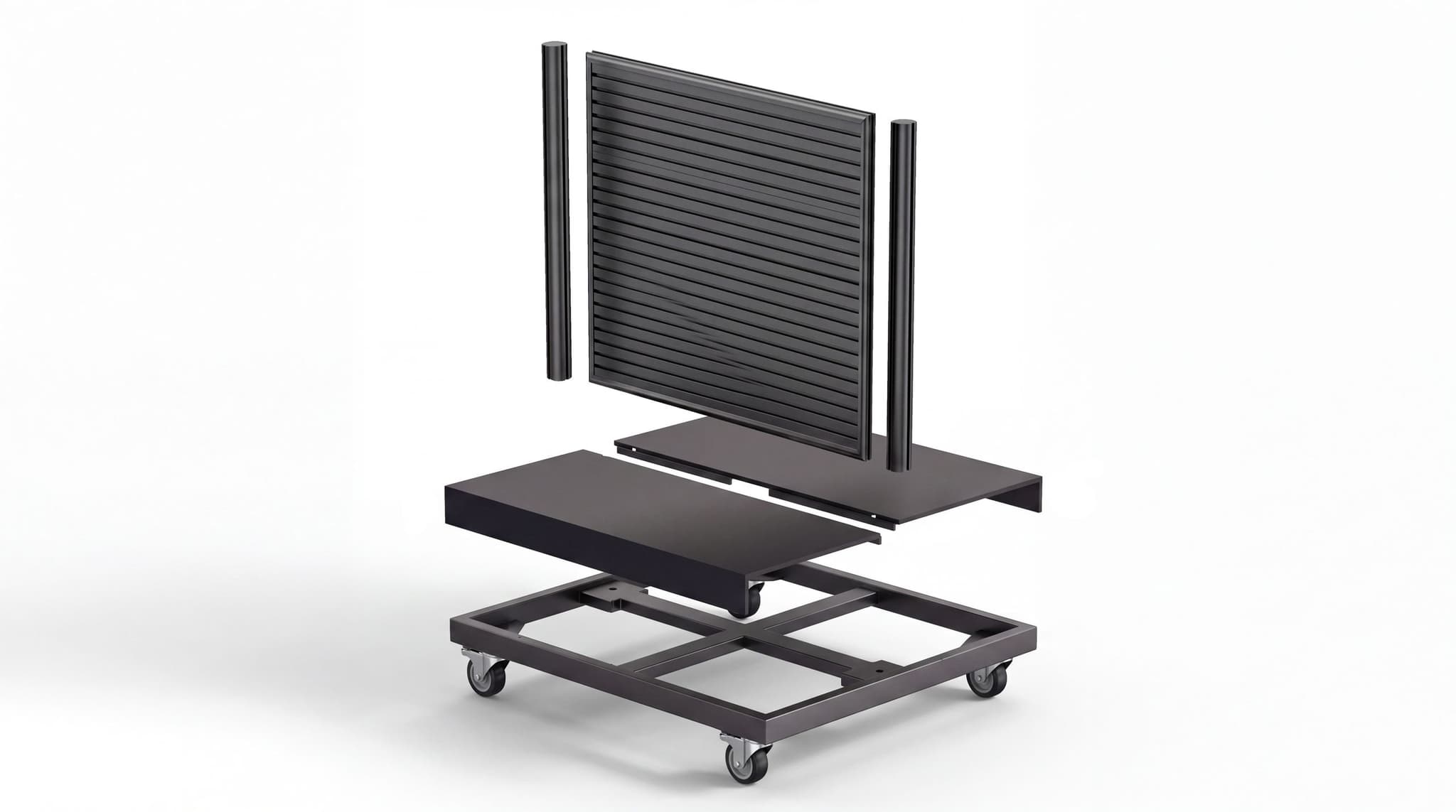 Exploded view of the parts of a NeXtrac portable slatwall gondola
