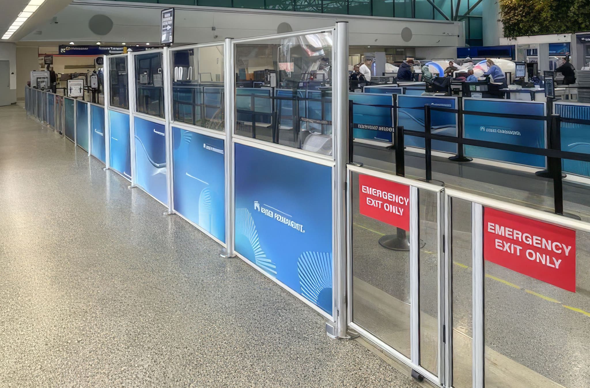 Post and Panel barriers with printed graphics line the security queue at Oakland International Airport.