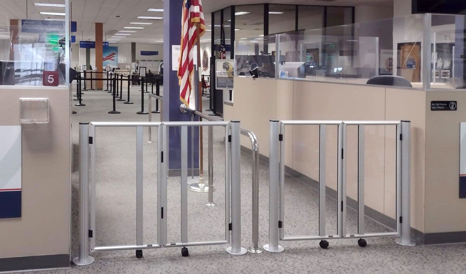 Magnetic base gates control the exit lane at the CBP area of Ontario International Airport.