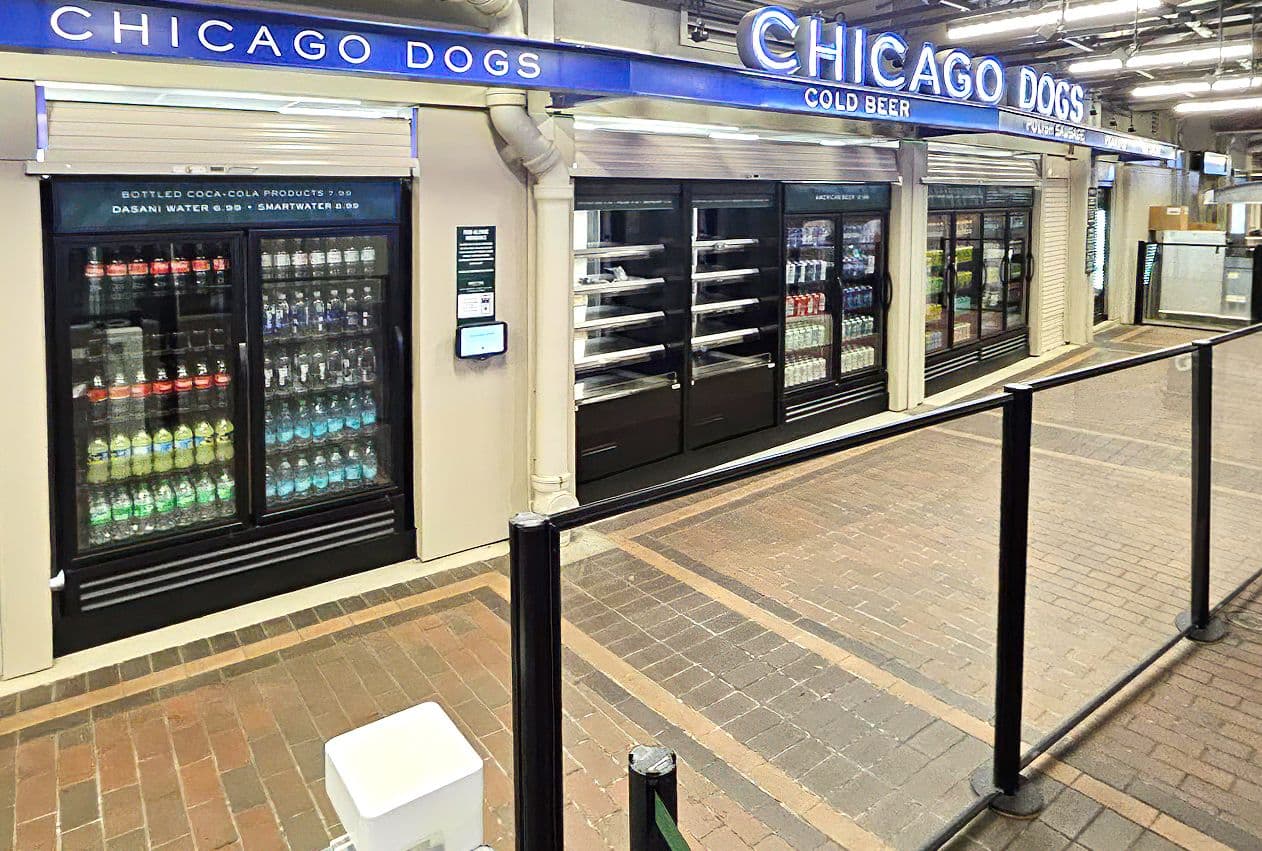 A Post and Panel barrier wall organizes the concession area at Wrigley Field in Chicago.