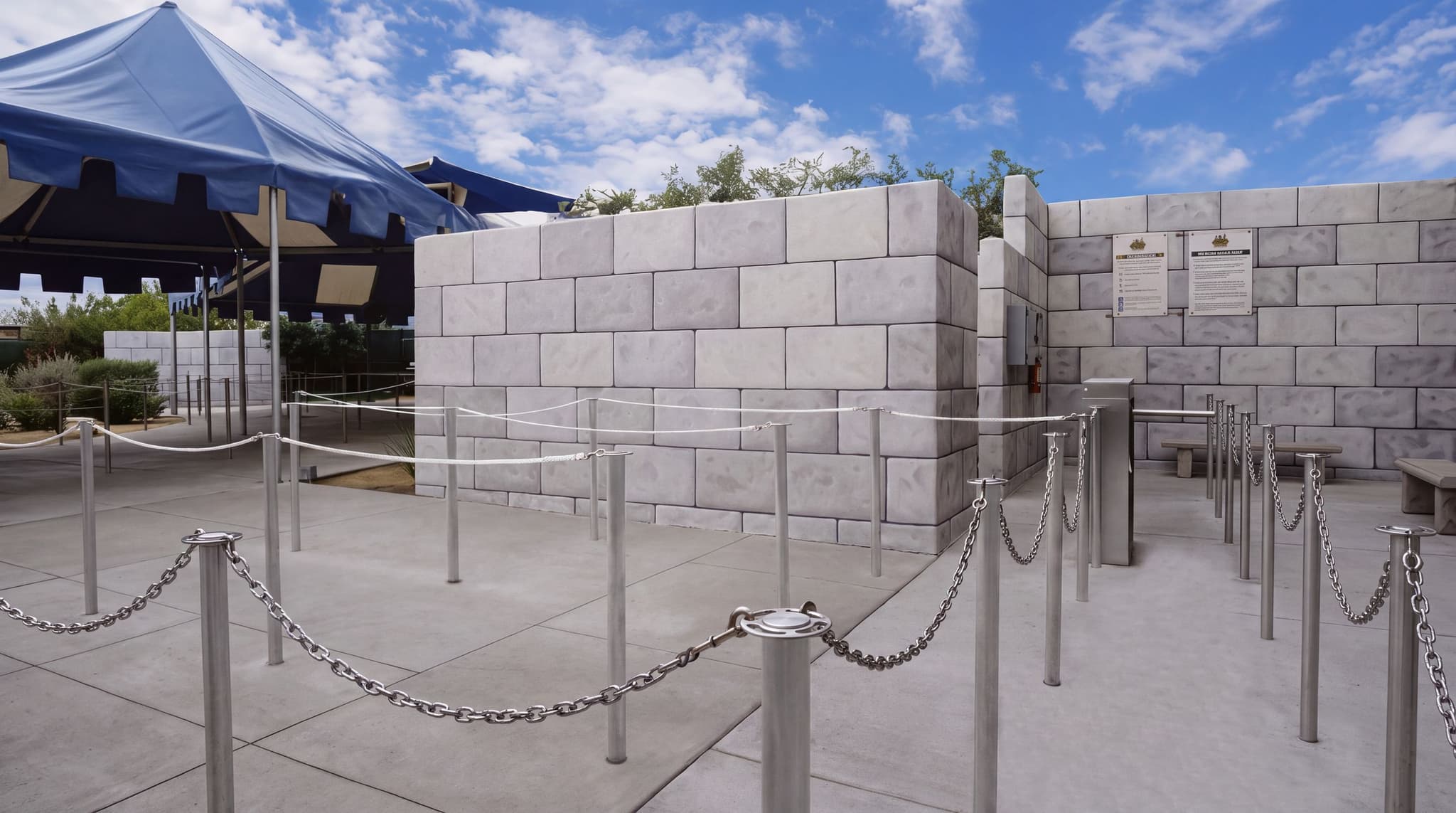 Removable traditional post and chain stanchions form a ride queue at Universal Studios Hollywood.