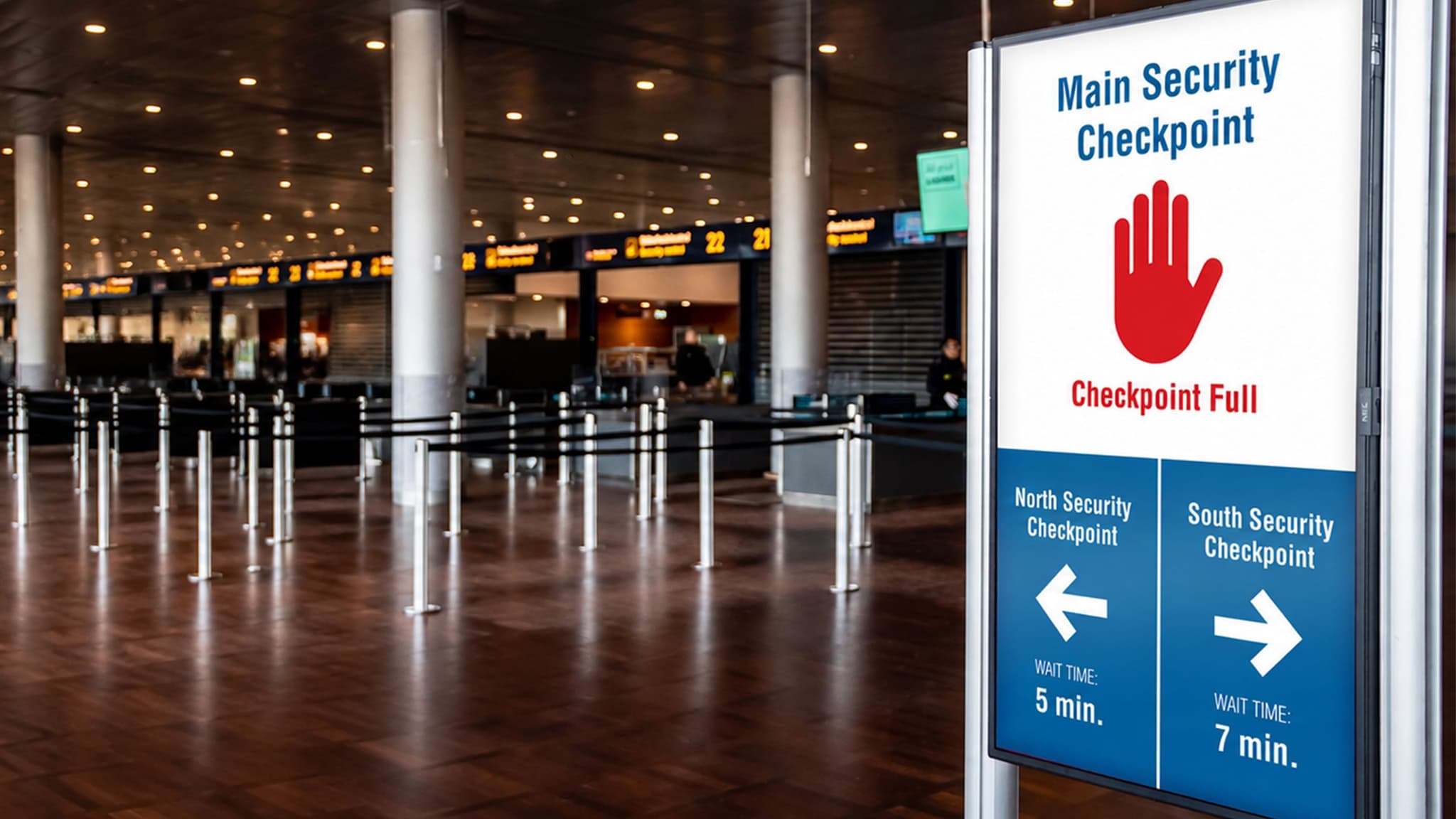 Intelligent Queuing digital signage displays current wait times at the entrance to an airport security queue.