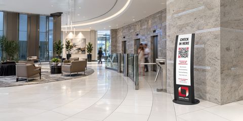 edge curve sign stand bank lobby